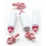 Pink Baby Bottles and Pacifiers Set, 6pc (Bottle: 11/16" x 3/16", Pacifier 3/8" x 3/16")