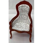 Chair with Arms, White Fabric, Brown Wood