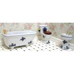1:16 Scale 3 Piece Ceramic Bathroom Set White with Blue Floral (Bath: 120 x 47 x 49Hmm)