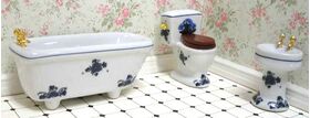 1:16 Scale 3 Piece Ceramic Bathroom Set White with Blue Floral (Bath: 120 x 47 x 49Hmm)