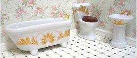 3 Piece Ceramic Bathroom Set White with Gold Floral (Bath: 145 x 55 x 60Hmm)