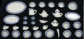 Ceramic Dinner Set, Blue Trim, 35 Pieces (Felt Tray and Box with Plastic Top)