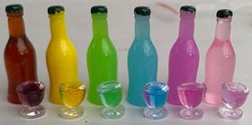 Coloured Bottles and Full Glass, Set of 6 (Bottle: 10 Diam x 30Hmm, Glass: 7 Diam x 8Hmm)