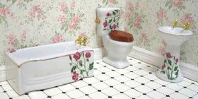 1:16 Scale 3 Piece Ceramic Bathroom Set White with Blue Floral (Bath: 120 x 47 x 49Hmm)