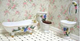 3 Piece Ceramic Bathroom Set White with Pink/Blue/Yellow Floral (Bath: 140 x 54 x 50Hmm)