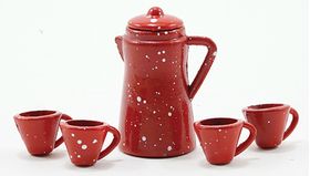 Red Enamelware Coffee Set 5 Pieces (Coffee Pot - 1" x 5/8" Diameter; Cups - 3/8" x 1/4")