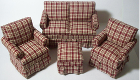 Sofa Set, Burgundy Check, 4 pieces
