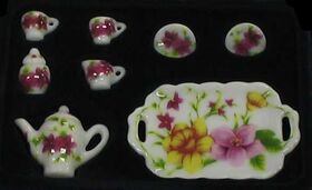 Box of 10 Ceramic Tea Set, White with Pink/Yellow Floral, 10 Pieces