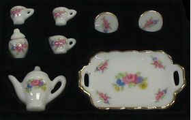 Box of 10 Ceramic Tea Set, White with Blue/Pink/Yellow Floral, 10 Pieces