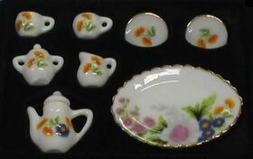 Box of 10 Ceramic Tea Set, White with Blue/Pink/Orange Floral, 10 Pieces