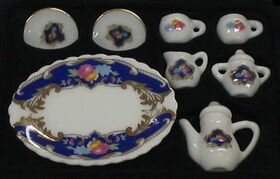 Ceramic Tea Set, White with Blue/Pink/Yellow Floral, 10 Pieces (Large Platter: 50 x 35mm)