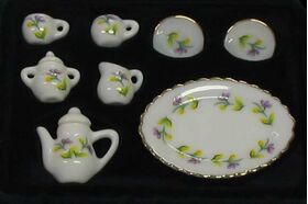 Ceramic Tea Set, White with Mauve/Yellow Floral, 10 Pieces (Large Platter: 50 x 35mm)