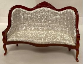 Sofa Seat, White Fabric, Brown Wood