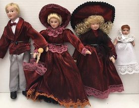 Mother, Father, Girl and Baby Doll Set in Red / Burgundy (Mother 153mmH)