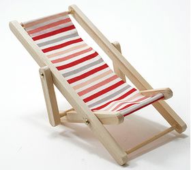 Beach Chair, Red/White/Pink Fabric, Natural Wood - Chair Folds (3-1/2" x 2-1/4" x 2-3/8" )