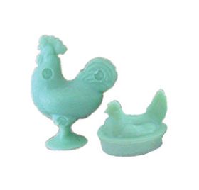 Rooster & Hen Figurines, Jadite