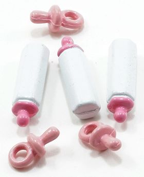 Pink Baby Bottles and Pacifiers Set, 6pc (Bottle: 11/16" x 3/16", Pacifier 3/8" x 3/16")
