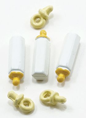 Yellow Baby Bottles and Pacifiers Set, 6pc (Bottle: 11/16" x 3/16", Pacifier 3/8" x 3/16")