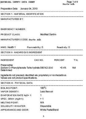 Glue Grandmother Stover's Safety data Sheet