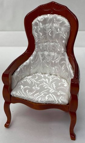 Chair with Arms, White Fabric, Brown Wood